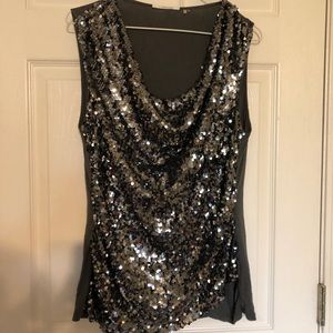Tahari Gray Sequins Drape neck tank